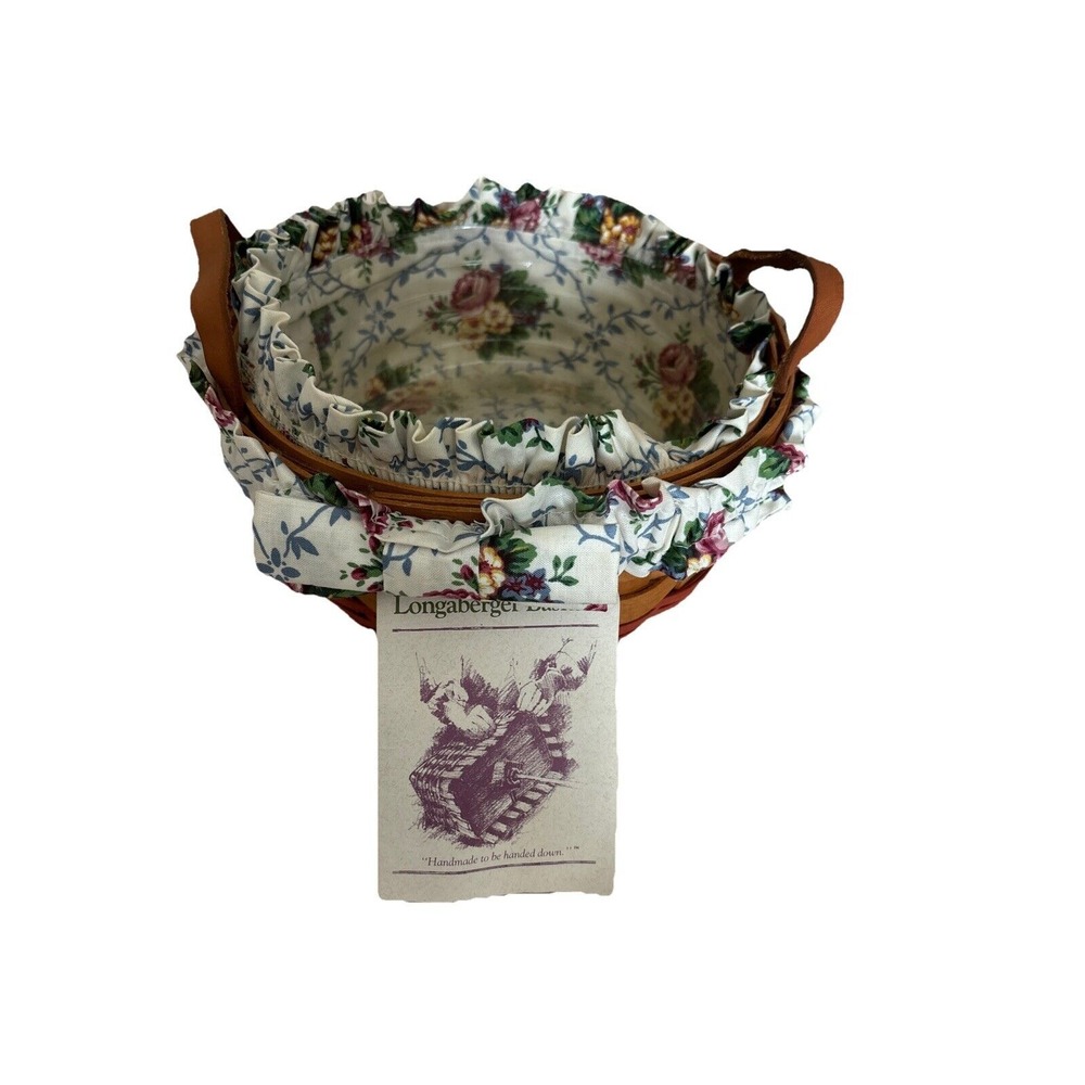 Longaberger 1995 Round Basket with Leather Handles, Floral & Plastic Insert